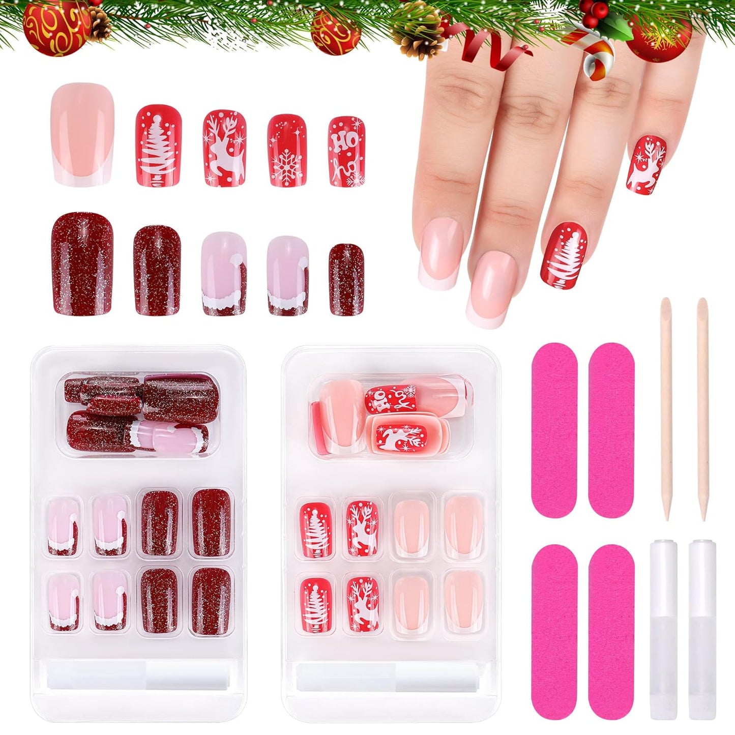 MELLIEX 48 Stück Press on Nails Weihnachten,Vollständige Abdeckung Künstliche Nägel Weihnachten Frauen Fingernägel Zum Aufkleben Weihnachten Für Frauen Nagelkunst Dekoration