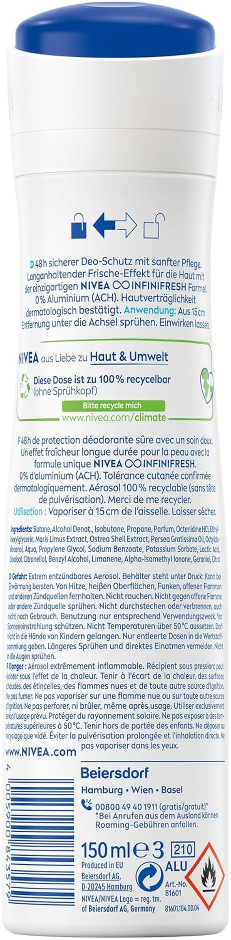 NIVEA Fresh Natural Deo Spray, Deo Ohne Aluminium (ACH) Mit Sanfter Pflege, Antibakterielles Deodorant Mit 48H Schutz Und Einzigartiger INFINIFRESH Formel (150 Ml)