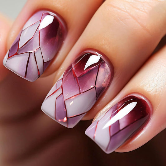 24Pcs Square Press on Nails Medium Fake Nails with Glossy Full Cover False Nails and Wine Red Broken Glass Pattern Acrylic Nails Square Glue on Nails