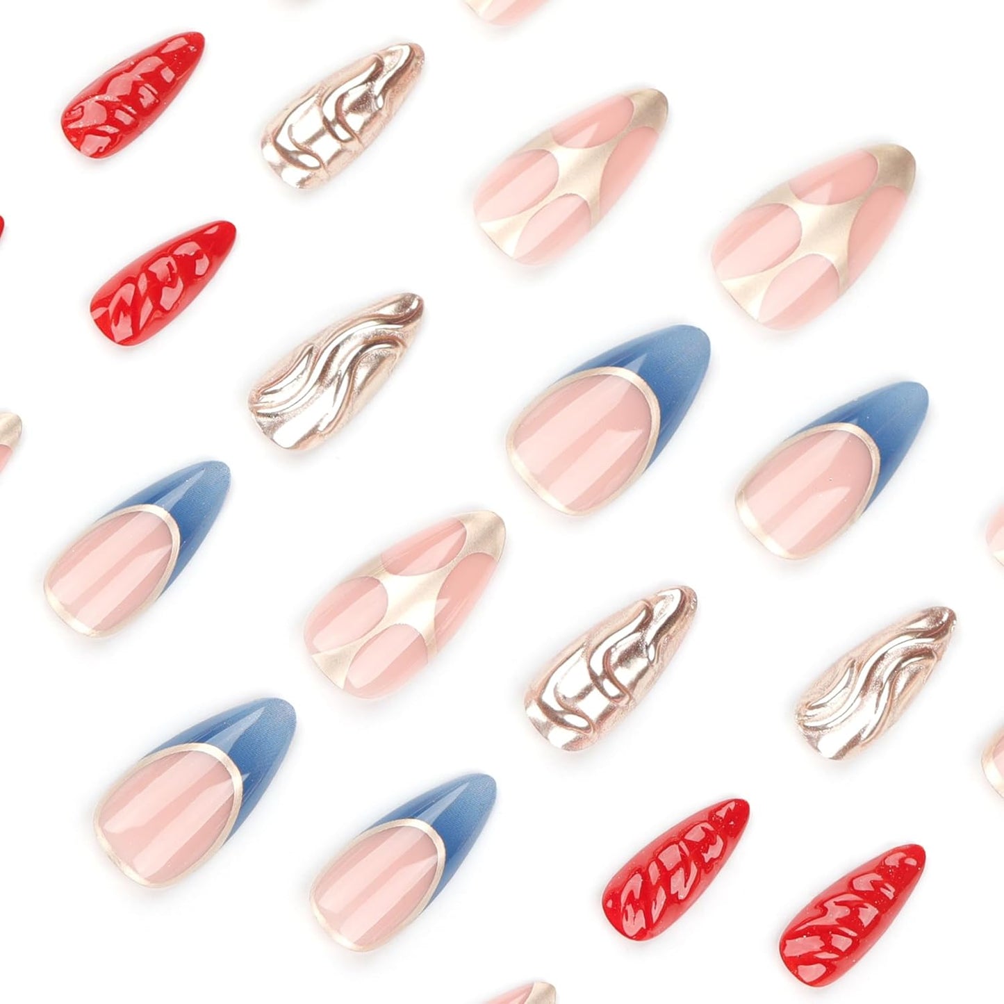 Mouyouglow Press on Nails Kurz,Almond Nude Blau French Chrome 3D Rot Gold Rib Cool Y2K Coquette Fake Nails Mit Nagelkleber,Goldene Red Blue Künstliche Fingernägel