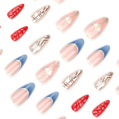 Mouyouglow Press on Nails Kurz,Almond Nude Blau French Chrome 3D Rot Gold Rib Cool Y2K Coquette Fake Nails Mit Nagelkleber,Goldene Red Blue Künstliche Fingernägel