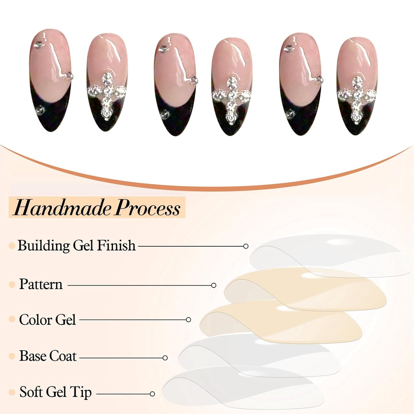 24 Stück Press on Nails Mandel 3D Legierung Kreuz Design Schwarz Französische Spitze Mittel Mit Design Passgenau Acryl Falscher Nagel Set