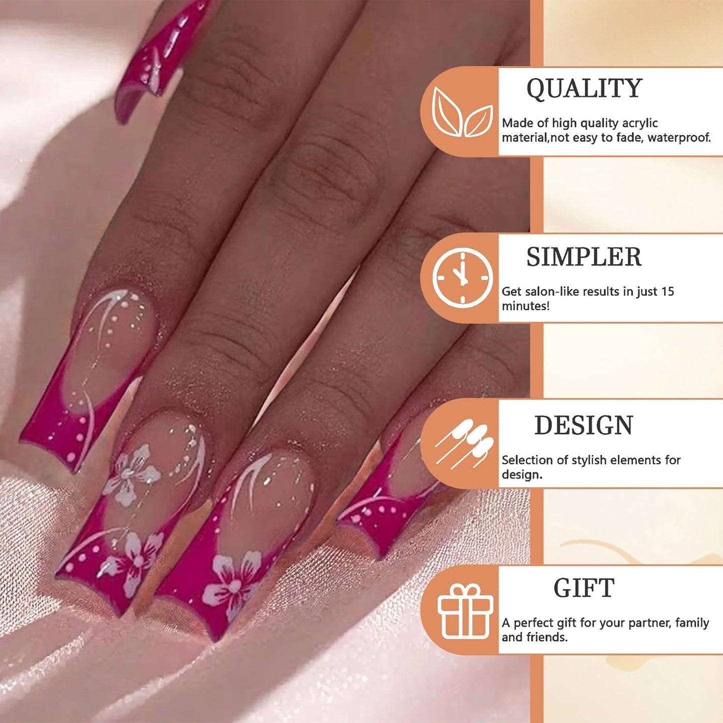 24 Stück Press on Nails Lang Quadrat False Nails Glänzend Leuchtend Rosa French Nails Acryl Nägel Squoval Kunstnägel Sommer Blume Stick on False Nails Mit Design