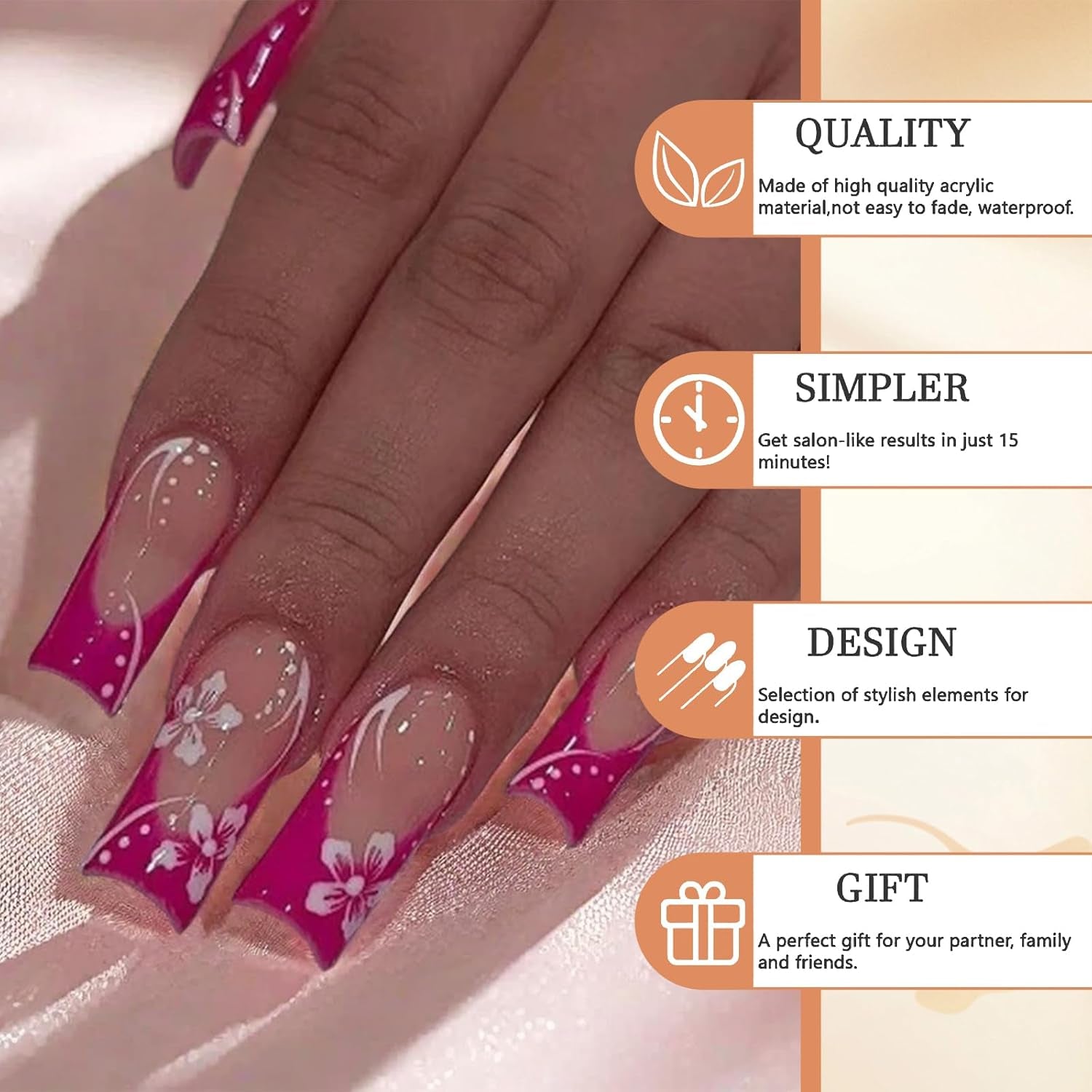 24 Stück Press on Nails Lang Quadrat False Nails Glänzend Leuchtend Rosa French Nails Acryl Nägel Squoval Kunstnägel Sommer Blume Stick on False Nails Mit Design