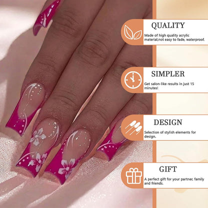 24 Stück Press on Nails Lang Quadrat False Nails Glänzend Leuchtend Rosa French Nails Acryl Nägel Squoval Kunstnägel Sommer Blume Stick on False Nails Mit Design