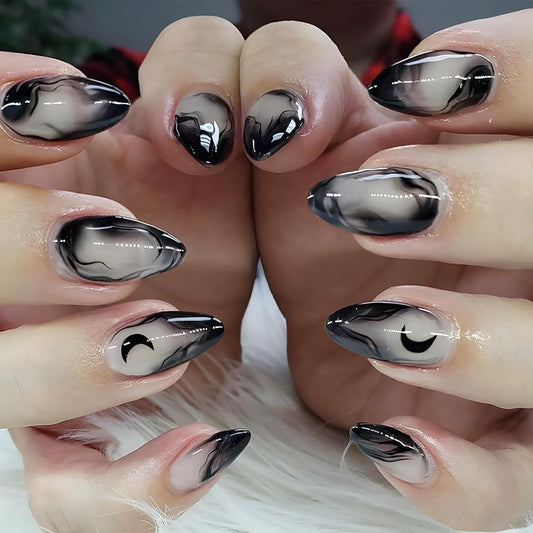 24 Stück Schwarze Kunstnägel Mit Mond-Designs, Press on Nails Almond, Press on Nails, Nägel Zum Aufkleben, Fake Nails, Kunstnägel, Fingernägel, Nails