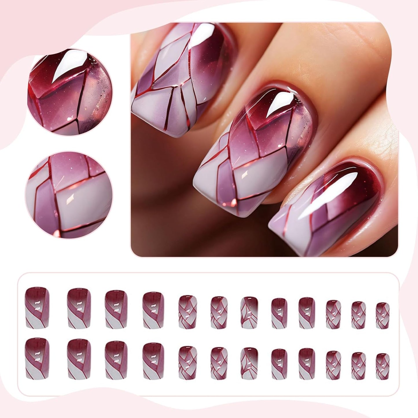 24Pcs Square Press on Nails Medium Fake Nails with Glossy Full Cover False Nails and Wine Red Broken Glass Pattern Acrylic Nails Square Glue on Nails