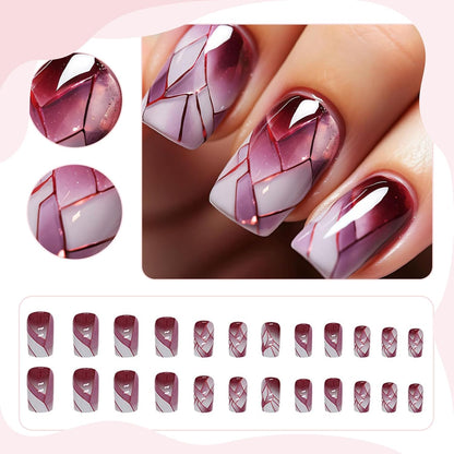 24Pcs Square Press on Nails Medium Fake Nails with Glossy Full Cover False Nails and Wine Red Broken Glass Pattern Acrylic Nails Square Glue on Nails