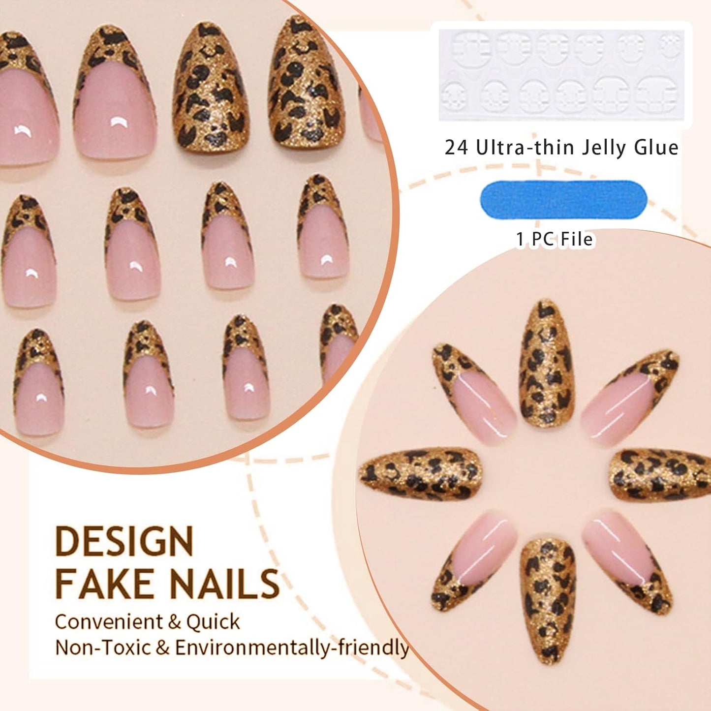 24 Stück Leopard French Press on Nails Mittel Mandel Falsche Nails Mit Gold Leopard Print Design Voll Abdeckung Nude Akryl Glänzend Künstliche Nails