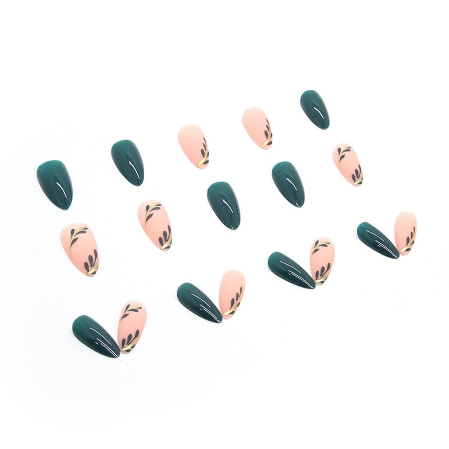 24 Stück Mandel Nägel Zum Aufkleben Kurz,Dunkelgrün Press on Nails Mit Blatt Motiv,Glossy Oval Künstliche Nägel Mittel,French Fingernägel Fake Nails Für Frauen