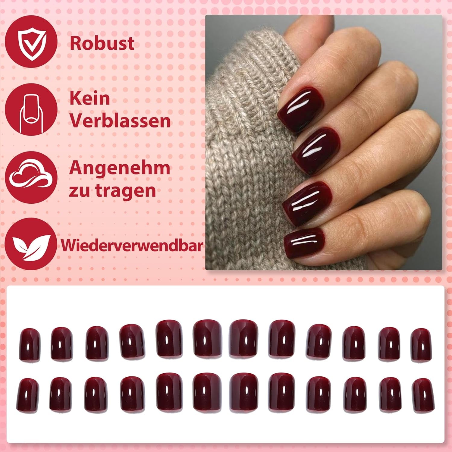 French Press on Nails, 24 Stück Rot Quadratische Nägel Zum Aufkleben Kurz, Full Cover Nageltip Tips Für Gelnägel, Künstliche Nägel, Fingernägel Fake Nails Für Frauen ＆ Mädchen Nail Art (Red)
