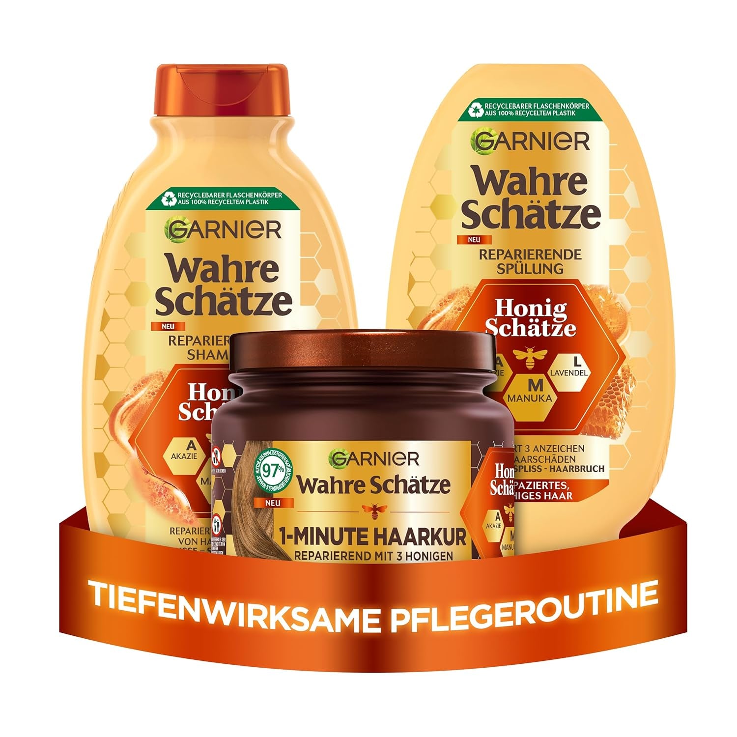 Garnier Wahre Schätze Haarpflege-Set Mit Akazienhonig, Manuka Und Lavendel, Honig-Schätze Shampoo (250 Ml), Spülung (200 Ml), 1-Minute Haarkur (340 Ml), 3-Teilig
