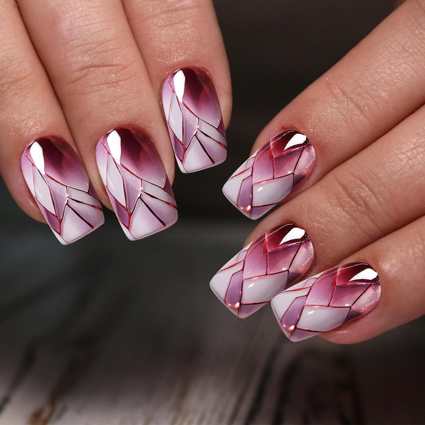24Pcs Square Press on Nails Medium Fake Nails with Glossy Full Cover False Nails and Wine Red Broken Glass Pattern Acrylic Nails Square Glue on Nails