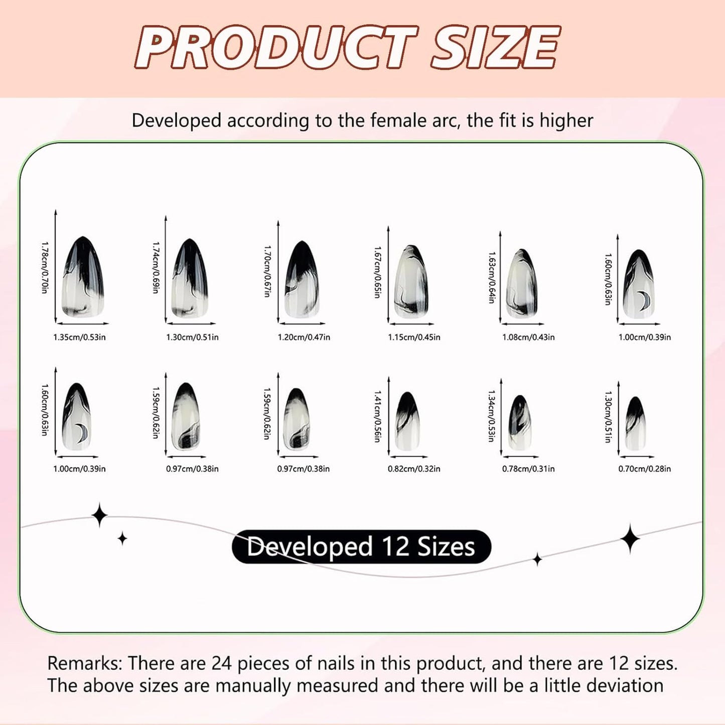 24 Stück Schwarze Kunstnägel Mit Mond-Designs, Press on Nails Almond, Press on Nails, Nägel Zum Aufkleben, Fake Nails, Kunstnägel, Fingernägel, Nails