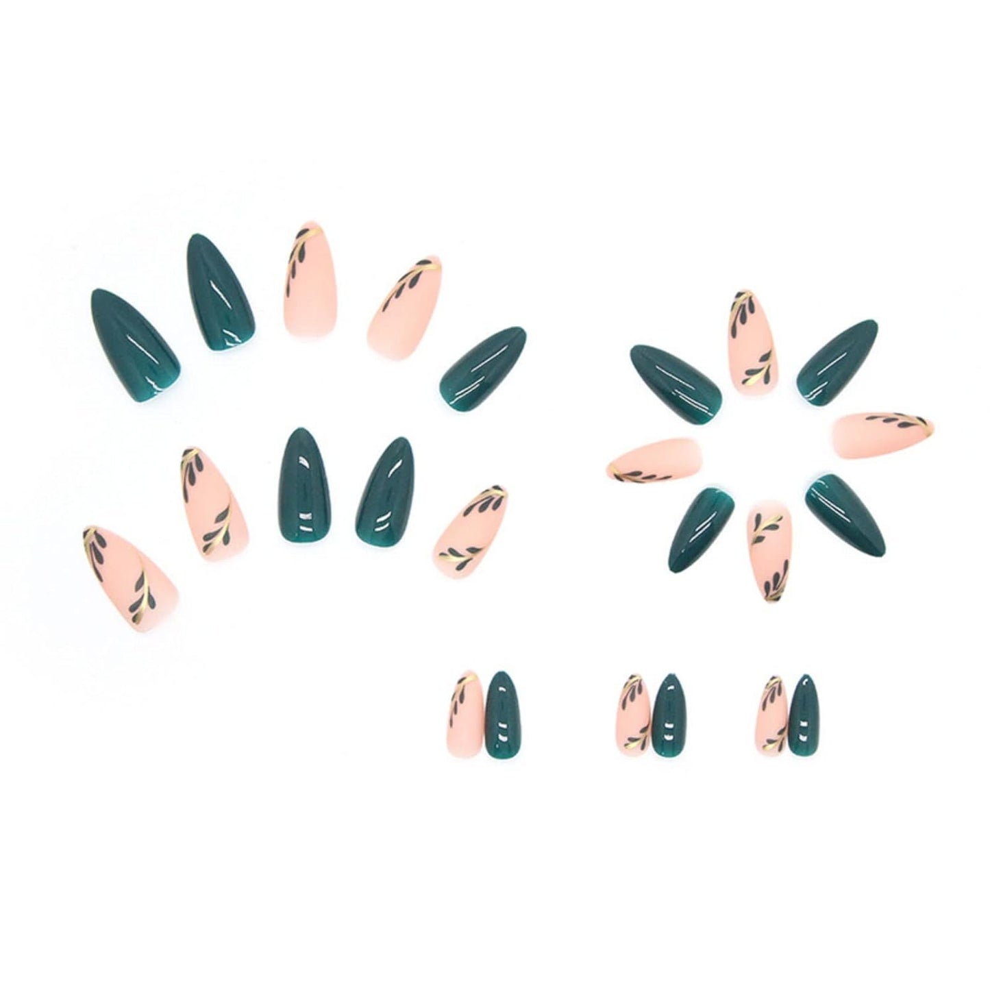 24 Stück Mandel Nägel Zum Aufkleben Kurz,Dunkelgrün Press on Nails Mit Blatt Motiv,Glossy Oval Künstliche Nägel Mittel,French Fingernägel Fake Nails Für Frauen