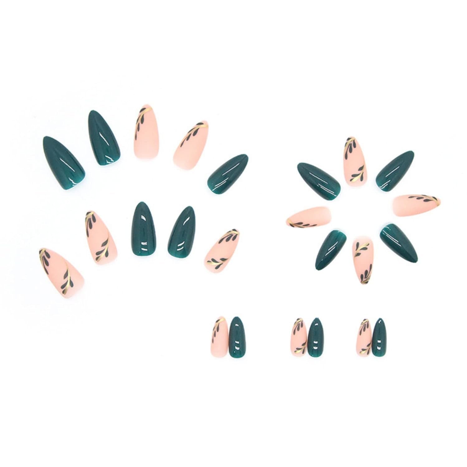 24 Stück Mandel Nägel Zum Aufkleben Kurz,Dunkelgrün Press on Nails Mit Blatt Motiv,Glossy Oval Künstliche Nägel Mittel,French Fingernägel Fake Nails Für Frauen