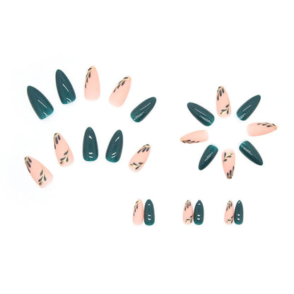24 Stück Mandel Nägel Zum Aufkleben Kurz,Dunkelgrün Press on Nails Mit Blatt Motiv,Glossy Oval Künstliche Nägel Mittel,French Fingernägel Fake Nails Für Frauen