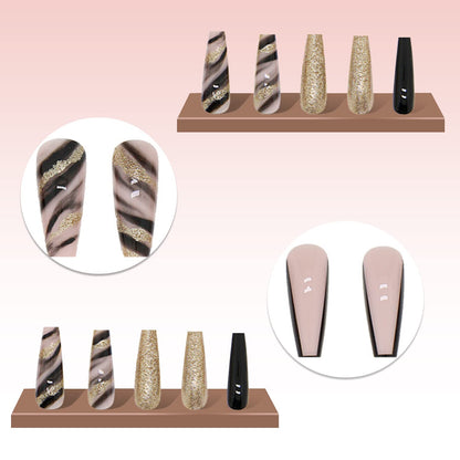 24 Stück Künstliche Nägel Lange Weiß Falsche Nägel Ballerina Acrylic Natürlich Drücken Auf Den Nägeln Full Cover Für Frauen(Schwarzes Gold Schwarz)