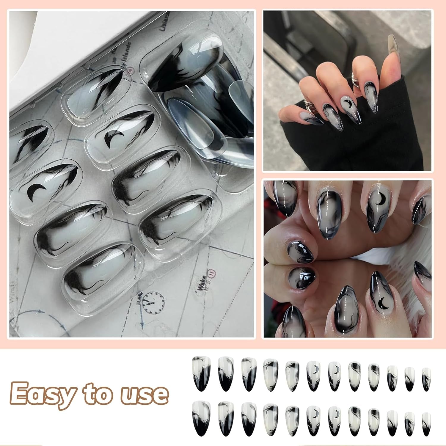 24 Stück Schwarze Kunstnägel Mit Mond-Designs, Press on Nails Almond, Press on Nails, Nägel Zum Aufkleben, Fake Nails, Kunstnägel, Fingernägel, Nails
