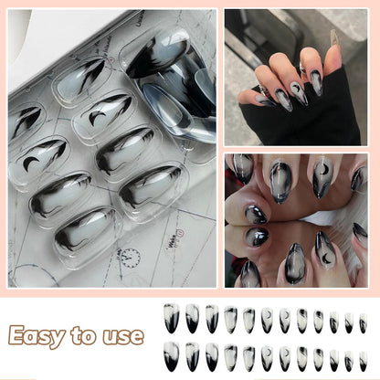 24 Stück Schwarze Kunstnägel Mit Mond-Designs, Press on Nails Almond, Press on Nails, Nägel Zum Aufkleben, Fake Nails, Kunstnägel, Fingernägel, Nails