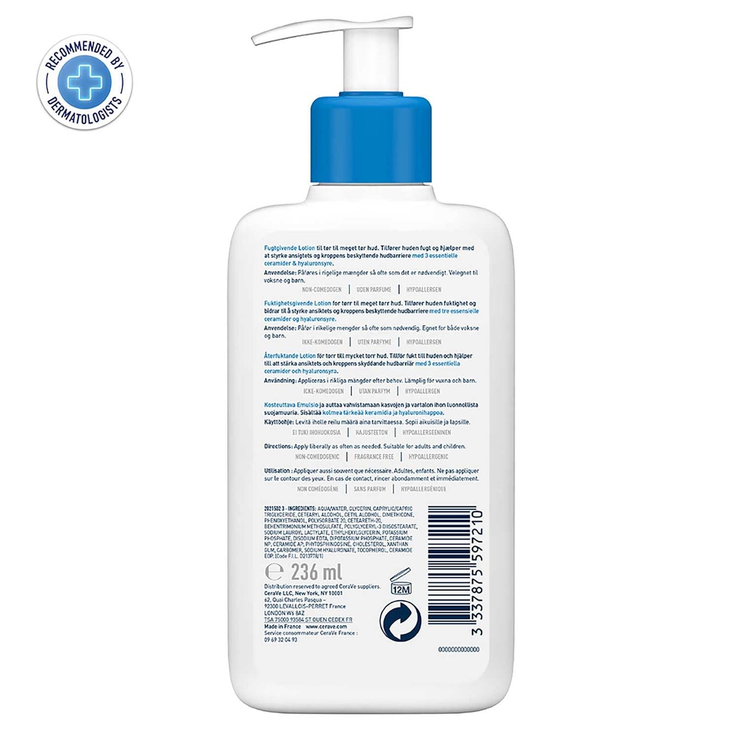 Cerave Körperlotion Mit Pumpspender, Für Trockene Bis Sehr Trockene Haut, Feuchtigkeitscreme Hyaluron Und 3 Essenziellen Ceramiden, Geeignet Bei Neurodermitis, 236 Ml