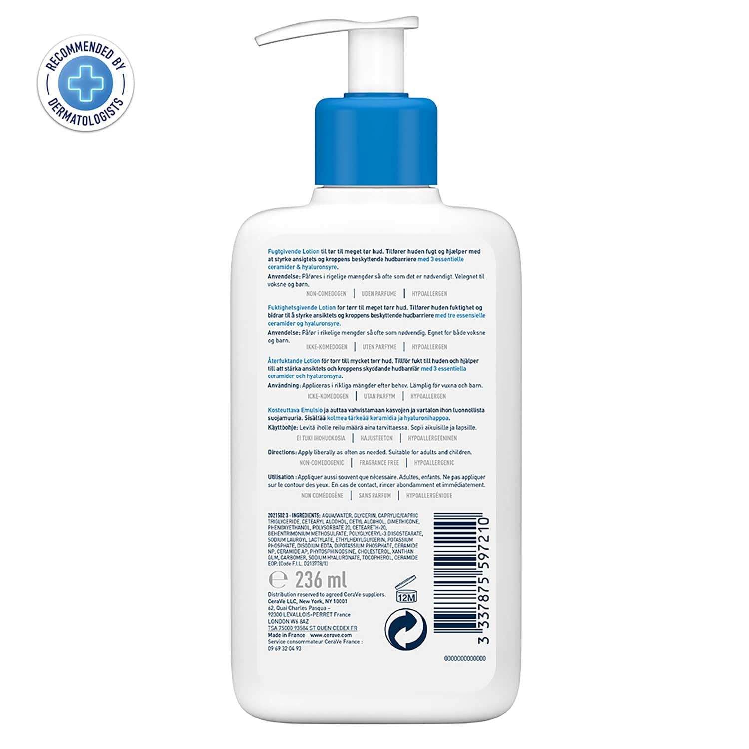 Cerave Körperlotion Mit Pumpspender, Für Trockene Bis Sehr Trockene Haut, Feuchtigkeitscreme Hyaluron Und 3 Essenziellen Ceramiden, Geeignet Bei Neurodermitis, 236 Ml