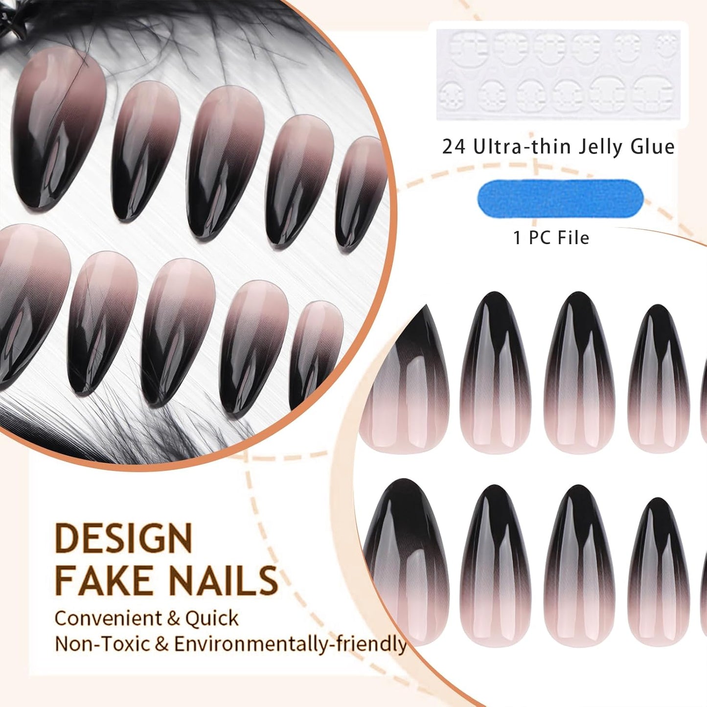 24 Stücke Schwarze Press on Nails Mittel Almond Gotische Falsche Nägel Schwarz Ombre Akryl Glänzend Klebe-Auf Stiletto Künstliche