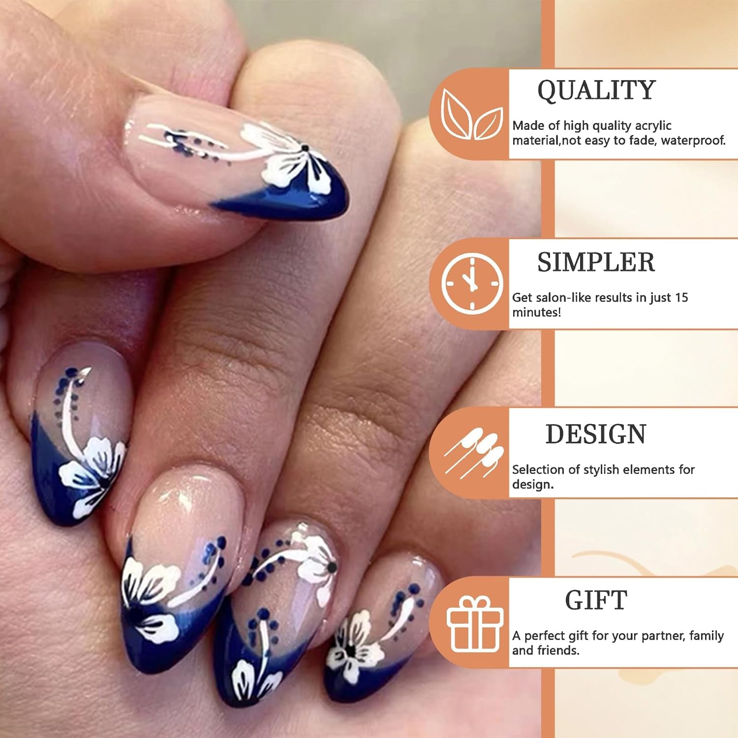 24 Stück French Nails Press on Nails Nüdescht Pink False Nails Almond Acryl Nägel False Nails Mit Weiße Blumen Designs Stick on Nails Blaue Spitze Klebe Nails