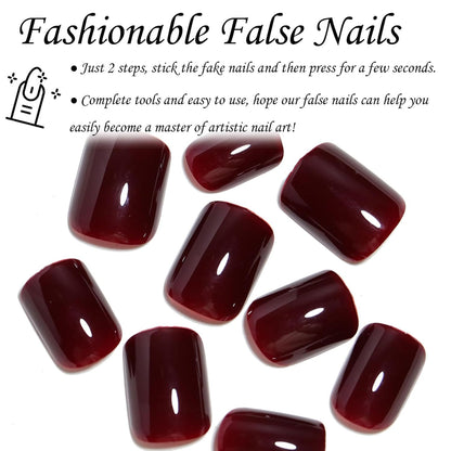 French Press on Nails, 24 Stück Rot Quadratische Nägel Zum Aufkleben Kurz, Full Cover Nageltip Tips Für Gelnägel, Künstliche Nägel, Fingernägel Fake Nails Für Frauen ＆ Mädchen Nail Art (Red)