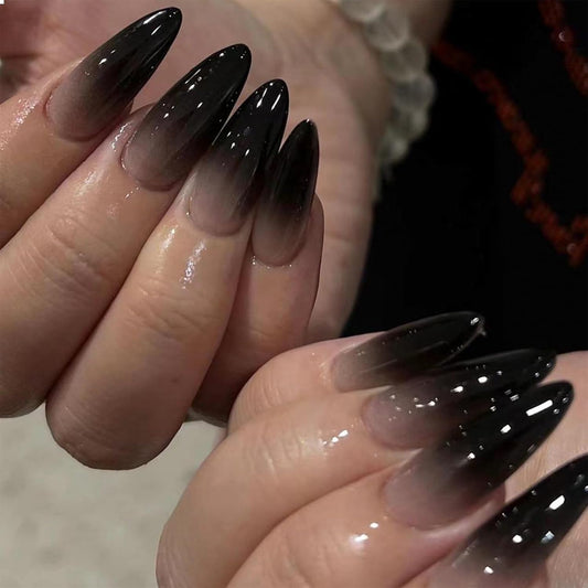 24 Stücke Schwarze Press on Nails Mittel Almond Gotische Falsche Nägel Schwarz Ombre Akryl Glänzend Klebe-Auf Stiletto Künstliche