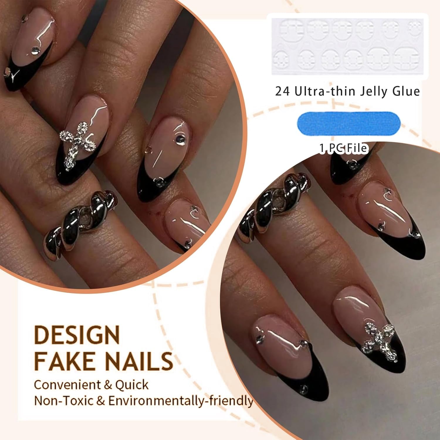 24 Stück Press on Nails Mandel 3D Legierung Kreuz Design Schwarz Französische Spitze Mittel Mit Design Passgenau Acryl Falscher Nagel Set