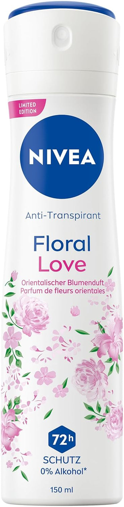 NIVEA Deo Spray Floral Love Limited Edition, Deodorant Mit 72H Anti-Transpirant-Schutz, Antitranspirant Mit Einer Duftkomposition Aus Orientalischen Blüten (150 Ml)