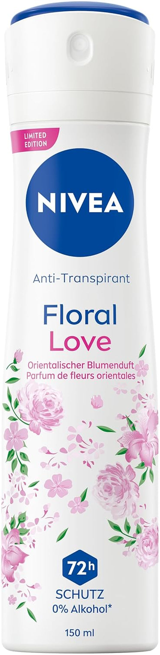 NIVEA Deo Spray Floral Love Limited Edition, Deodorant Mit 72H Anti-Transpirant-Schutz, Antitranspirant Mit Einer Duftkomposition Aus Orientalischen Blüten (150 Ml)