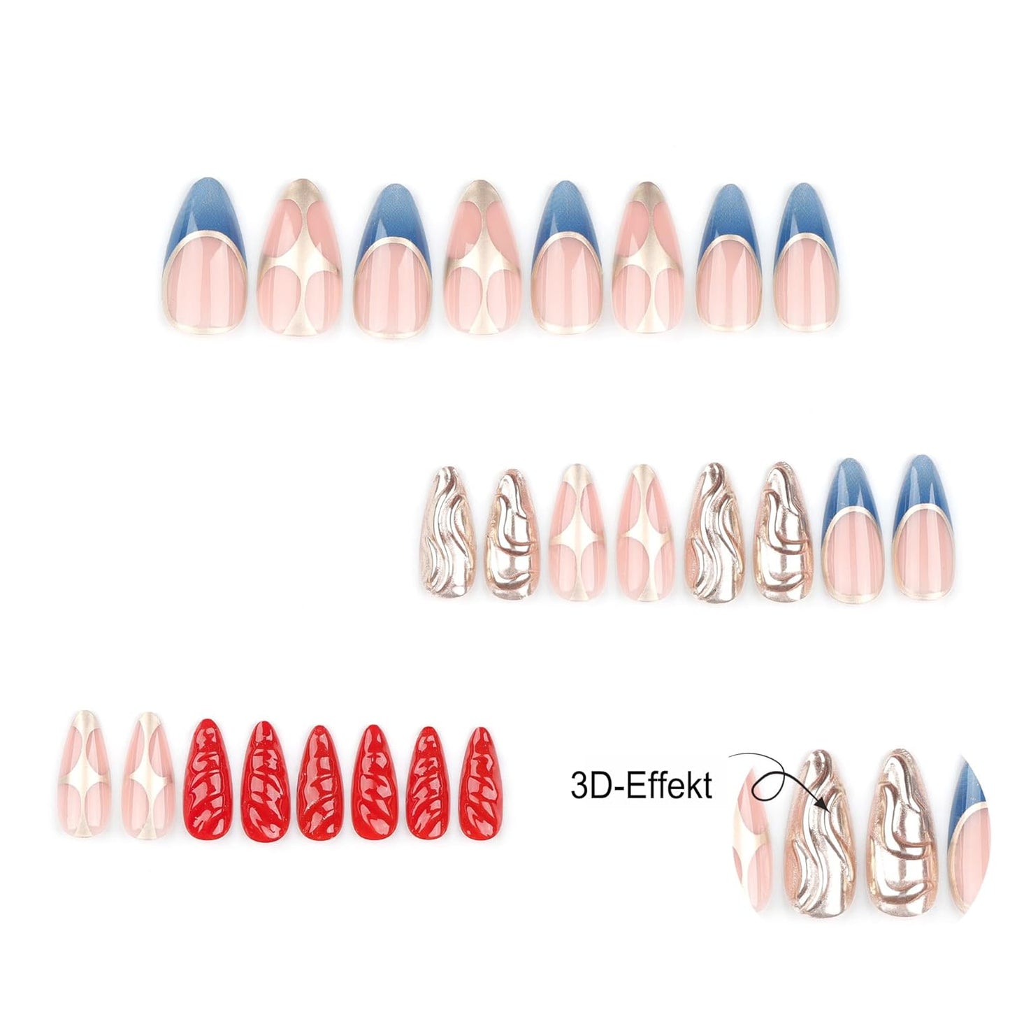 Mouyouglow Press on Nails Kurz,Almond Nude Blau French Chrome 3D Rot Gold Rib Cool Y2K Coquette Fake Nails Mit Nagelkleber,Goldene Red Blue Künstliche Fingernägel