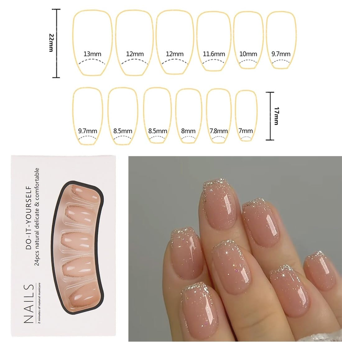 24X Mittelgroße Press on Nägel in Rosa Mit Glitzer, Eckige French Nägel Aus Acryl Zum Aufkleben Inkl. Nagelkleber, Full-Cover Kunstnägel Für Damen Und Mädchen.