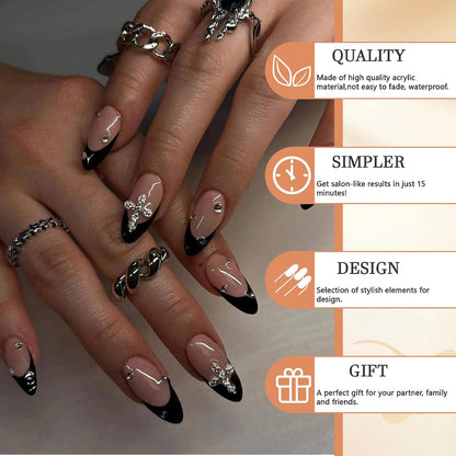 24 Stück Press on Nails Mandel 3D Legierung Kreuz Design Schwarz Französische Spitze Mittel Mit Design Passgenau Acryl Falscher Nagel Set