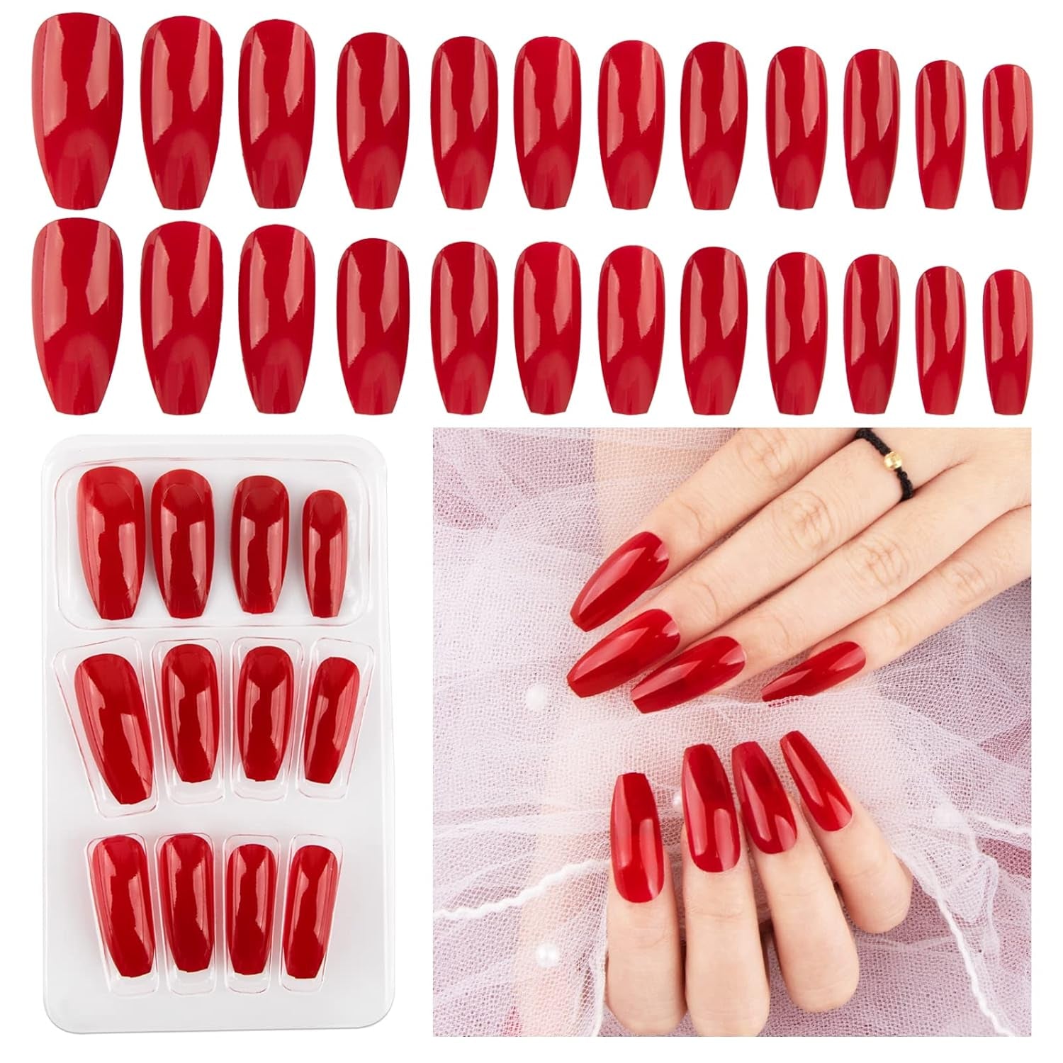 24 Stück Künstliche Nägel Zum Aufkleben Lang Rot Press on Nails Fake Falsche Nägel Fingelnägel DIY Nagelkunst Für Frauen Damen Mit Kleberpads Für Weihnachten Neujahr
