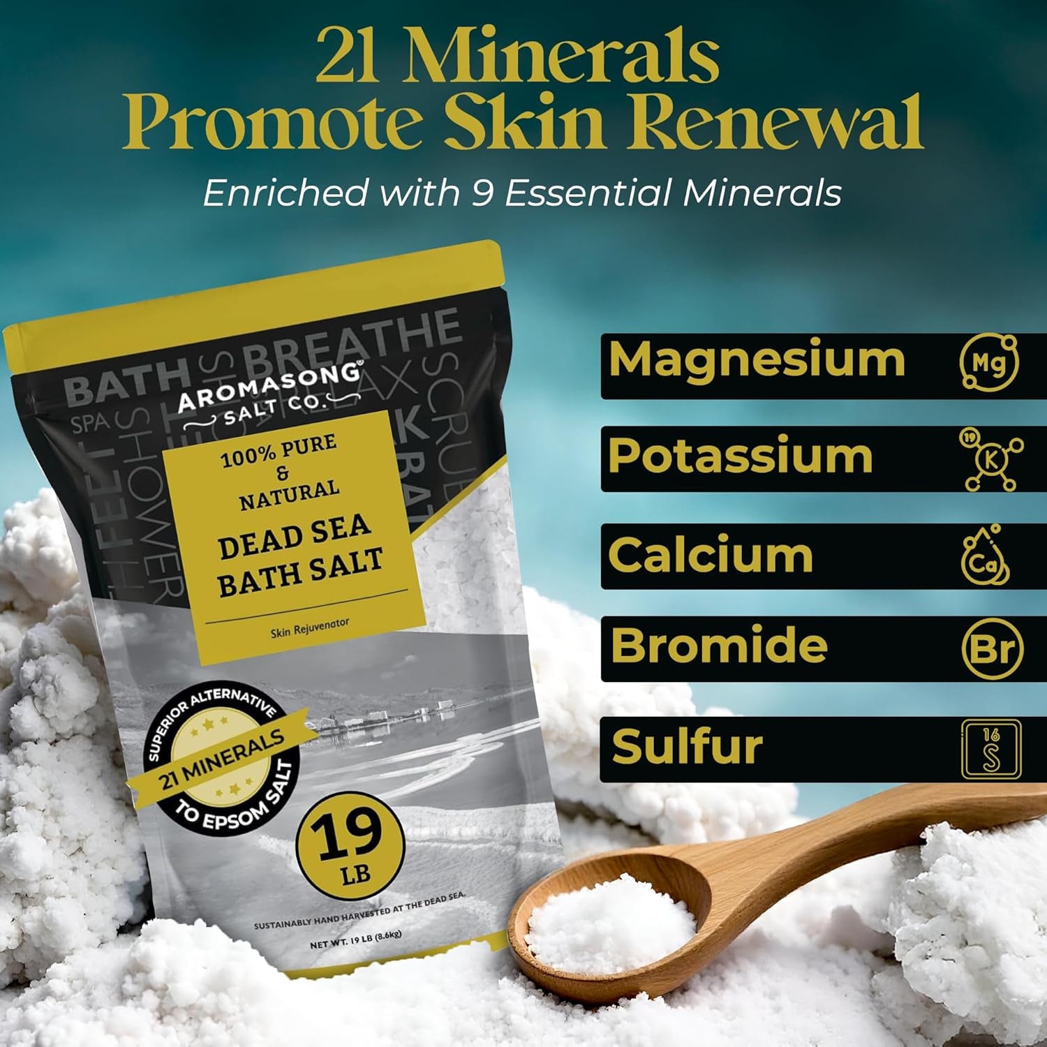 Dead Sea Salt - Spa Bath Salt - 19 Lbs Fine Grain Bulk - 100% Pure - Better Absorbing than Epsom Salt - Soak for Women & Men for Skin Issues and to Relax Tired Muscles - Resealable Pack.