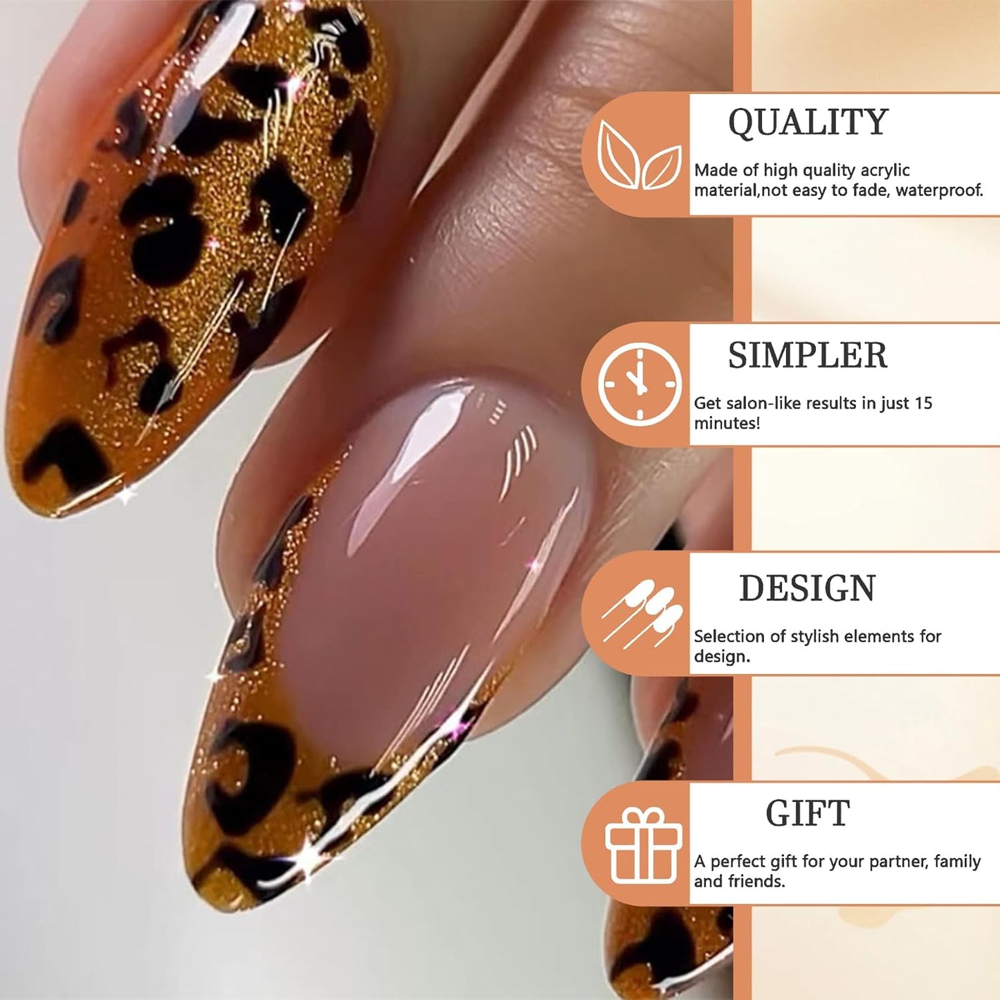 24 Stück Leopard French Press on Nails Mittel Mandel Falsche Nails Mit Gold Leopard Print Design Voll Abdeckung Nude Akryl Glänzend Künstliche Nails