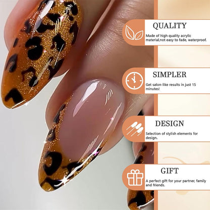24 Stück Leopard French Press on Nails Mittel Mandel Falsche Nails Mit Gold Leopard Print Design Voll Abdeckung Nude Akryl Glänzend Künstliche Nails