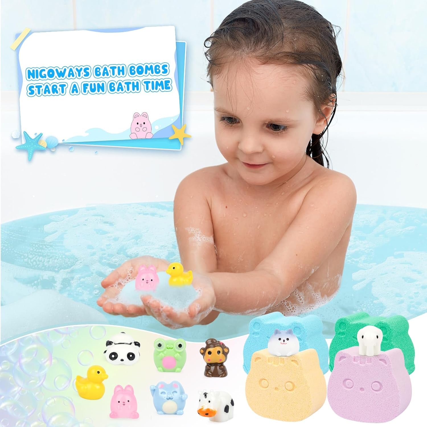 Kids Bath Bombs - 6 Pack with Toys Inside, Fun Frog & Cat Bath Bombs, Bubble Bath for Kids