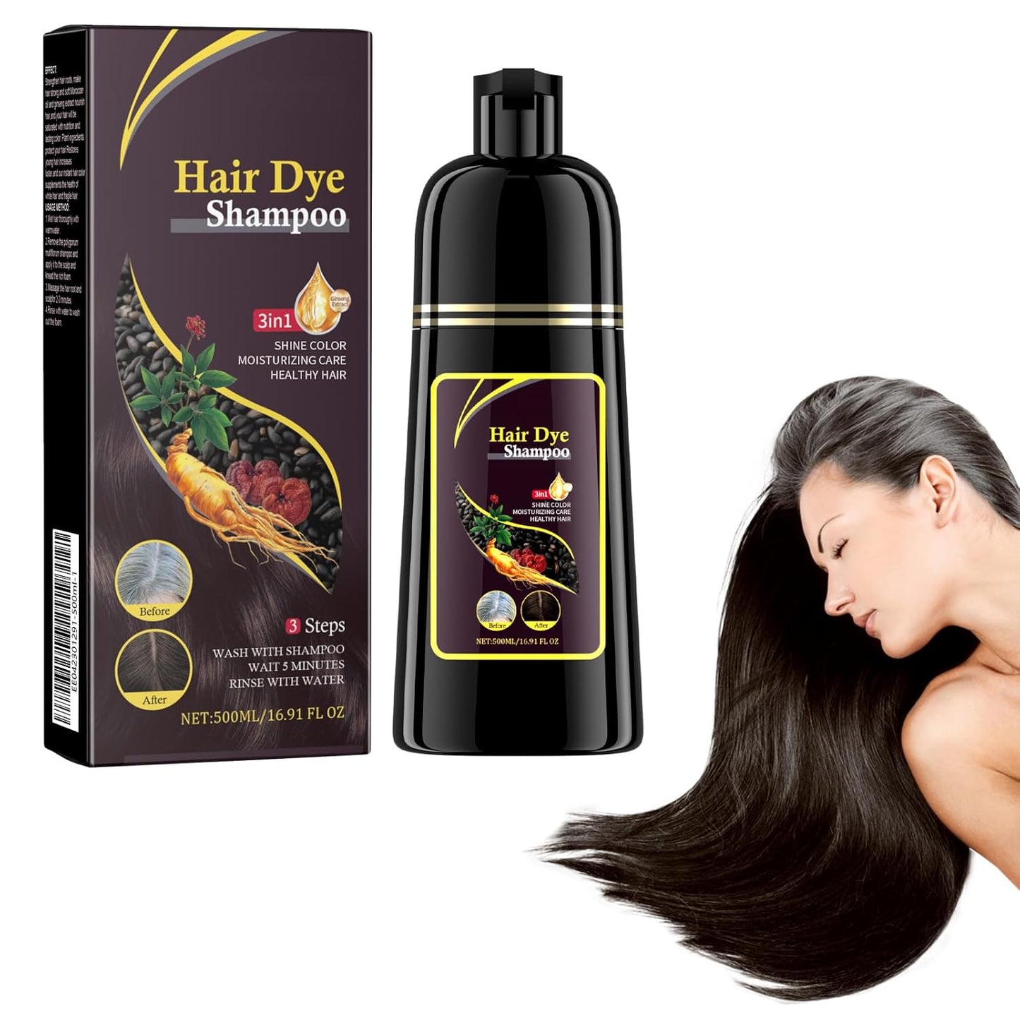 Haarfärbeshampoo, 500Ml Shampoo Für Gefärbtes Haar, Glättendes Shampoo, Hair Dye Shampoo 3-In-1, Reinigendes & Reparierendes Shampoo, Braun, Magic Hair Shampoo