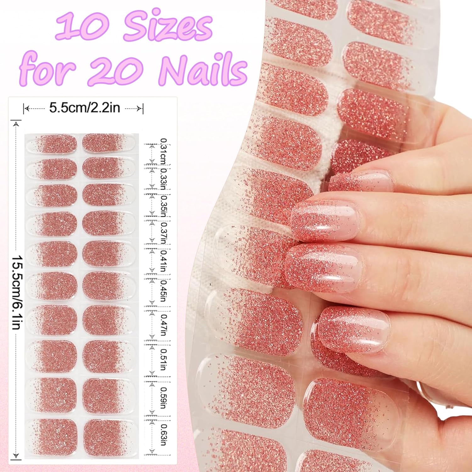 20Stk Nagellack Aufkleber, UV Nagelfolie Für Hände, Full Wraps Nagelaufkleber Led-Lampe Erforderlich Cured Gel Nail Strips Mit Nagelfeile Und Stick Für Frauen (Pink French, 24X)