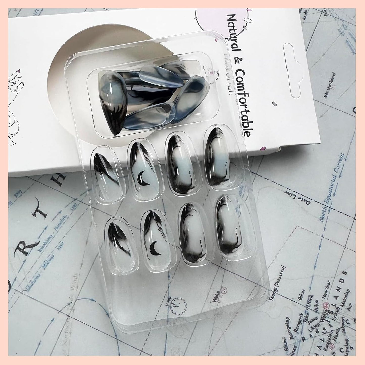 24 Stück Schwarze Kunstnägel Mit Mond-Designs, Press on Nails Almond, Press on Nails, Nägel Zum Aufkleben, Fake Nails, Kunstnägel, Fingernägel, Nails