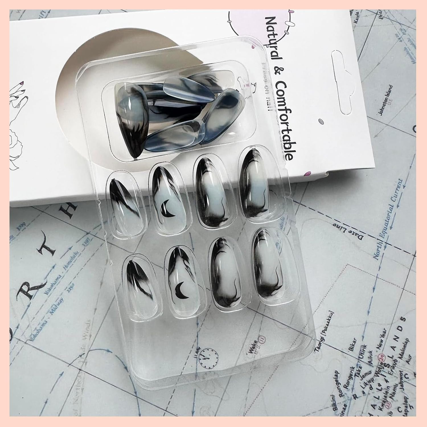 24 Stück Schwarze Kunstnägel Mit Mond-Designs, Press on Nails Almond, Press on Nails, Nägel Zum Aufkleben, Fake Nails, Kunstnägel, Fingernägel, Nails