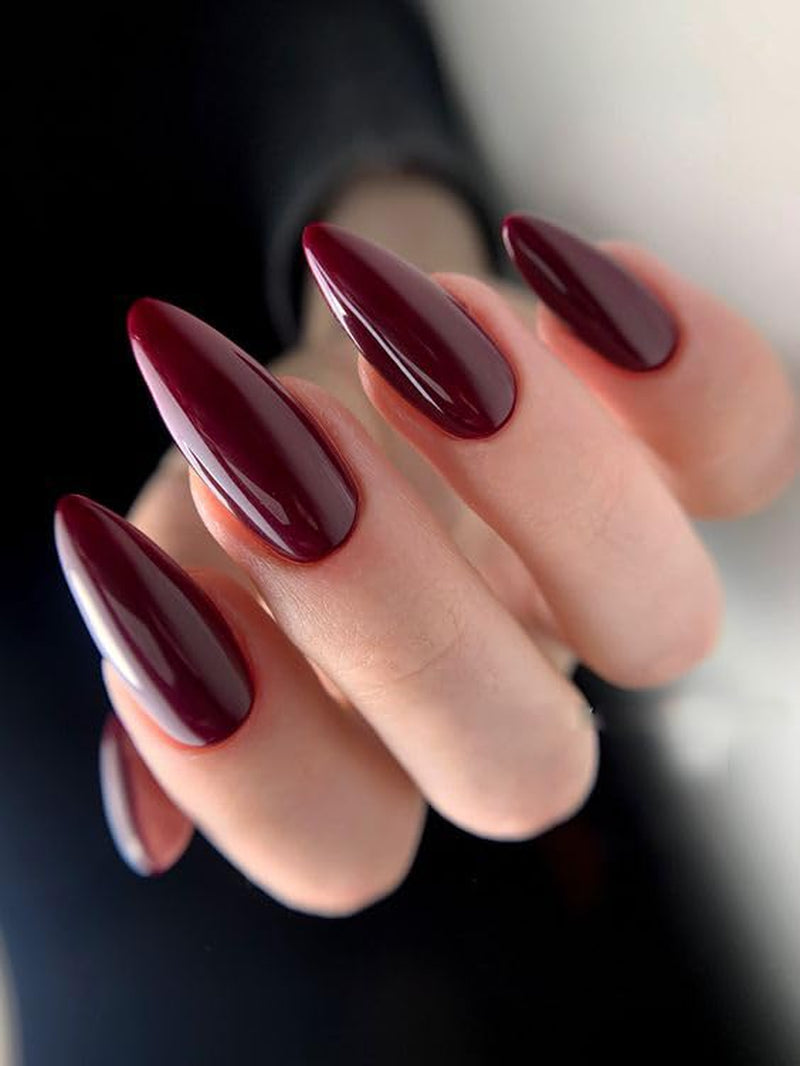 Mouyouglow Press on Nails Kurz,Almond Dunkel Rot Burgundisch Einfarbige Glossy Fake Nails Kunstnägel Mit Nagelkleber,Dark Wine Red Künstliche Fingernägel