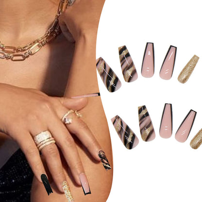 24 Stück Künstliche Nägel Lange Weiß Falsche Nägel Ballerina Acrylic Natürlich Drücken Auf Den Nägeln Full Cover Für Frauen(Schwarzes Gold Schwarz)