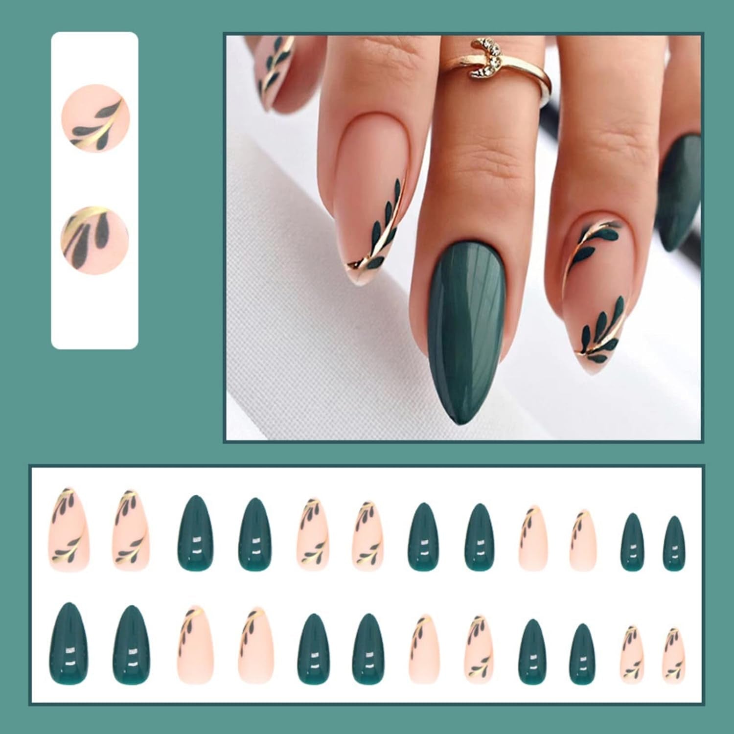 24 Stück Mandel Nägel Zum Aufkleben Kurz,Dunkelgrün Press on Nails Mit Blatt Motiv,Glossy Oval Künstliche Nägel Mittel,French Fingernägel Fake Nails Für Frauen