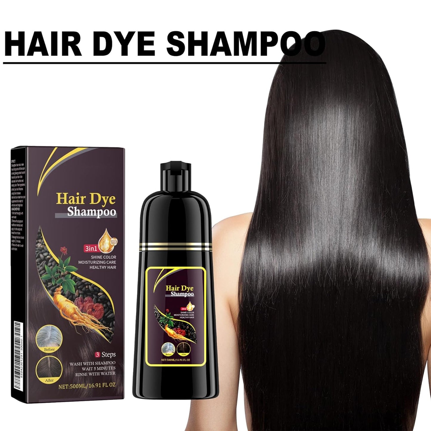 Haarfärbeshampoo, 500Ml Shampoo Für Gefärbtes Haar, Glättendes Shampoo, Hair Dye Shampoo 3-In-1, Reinigendes & Reparierendes Shampoo, Braun, Magic Hair Shampoo