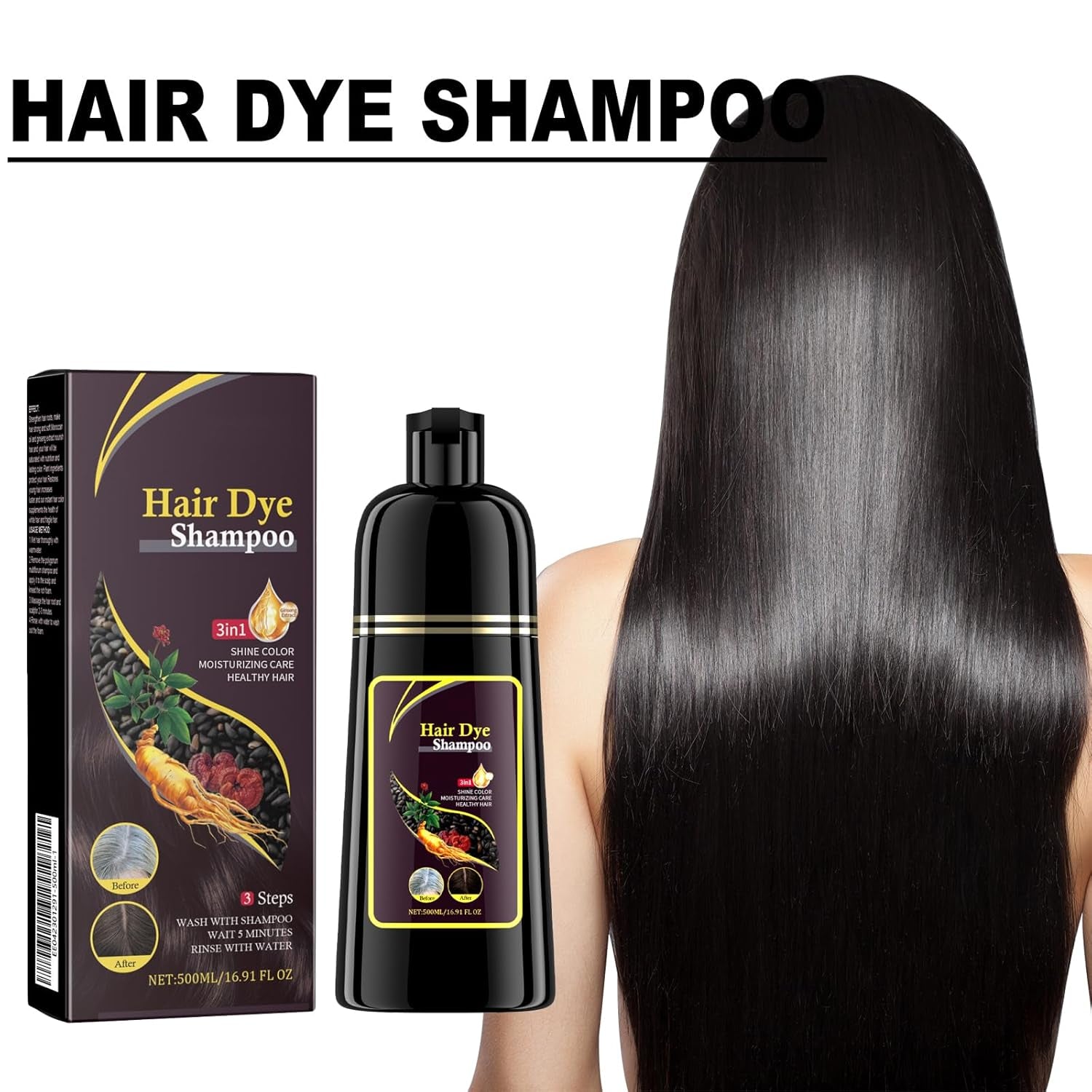 Haarfärbeshampoo, 500Ml Shampoo Für Gefärbtes Haar, Glättendes Shampoo, Hair Dye Shampoo 3-In-1, Reinigendes & Reparierendes Shampoo, Braun, Magic Hair Shampoo
